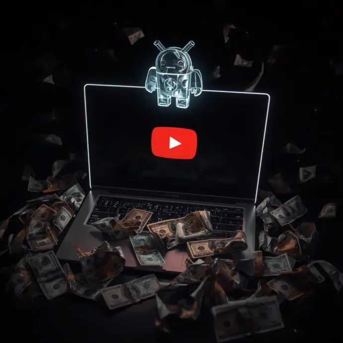 a laptop with the YouTube logo and a hologram robot on top and a lot of money a round it a laptop with the YouTube logo and a hologram robot on top and a lot of money a round it