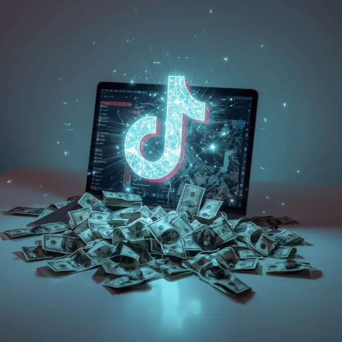 a laptop with the Tiktok logo and a hologram robot on top and a lot of money around it a laptop with the Tiktok logo and a hologram robot on top and a lot of money around it